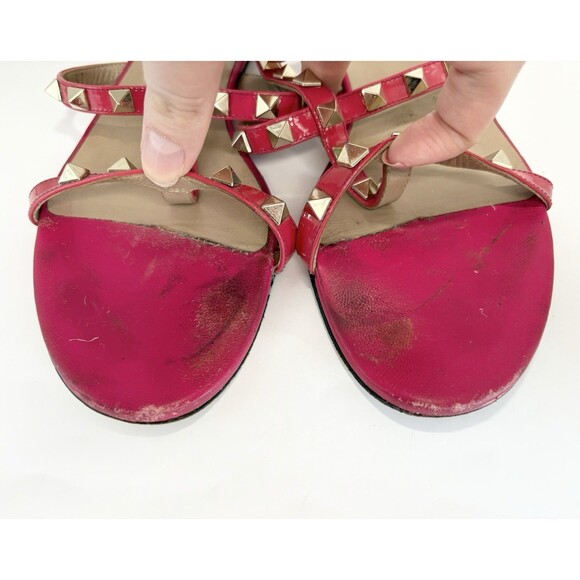 Valentino Garavani Rockstud Patent Leather Sandals Hot Pink Gold Stud Sz EU 37 7 - Picture 6 of 12